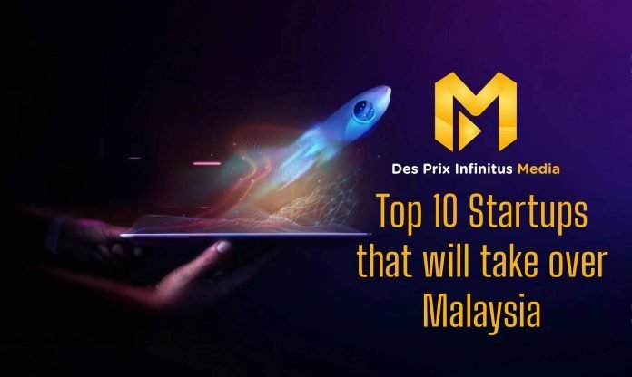 The featured image for Top 10 startups that will take over Malaysia that features a person holding a tablet with a rocket flying out of it with the Des Prix Infinitus Logo and article title.