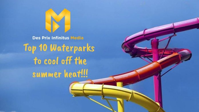 A spiral colorful waterslide accompanied with the Des Prix Infinitus Logo and the article title