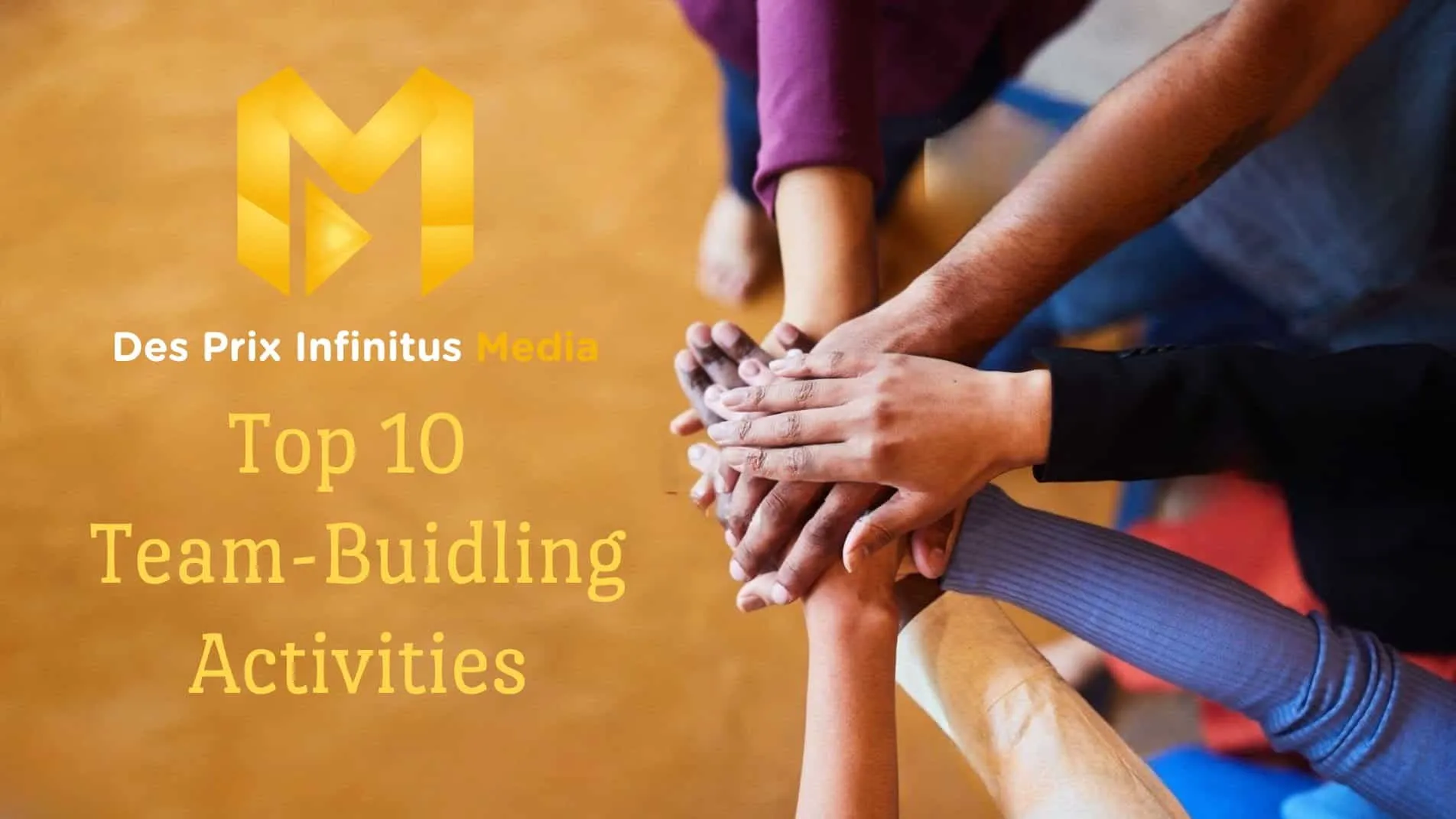 A group of people stacking their hands with the Des Prix Infinitus Media logo and article title