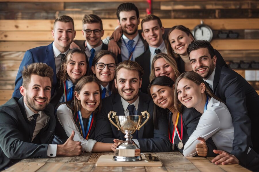 Group People From Business Team Posing Together Holding Trophy After Winning Award Business Team Posing Group Photo With Trophy Medals 538213 81665