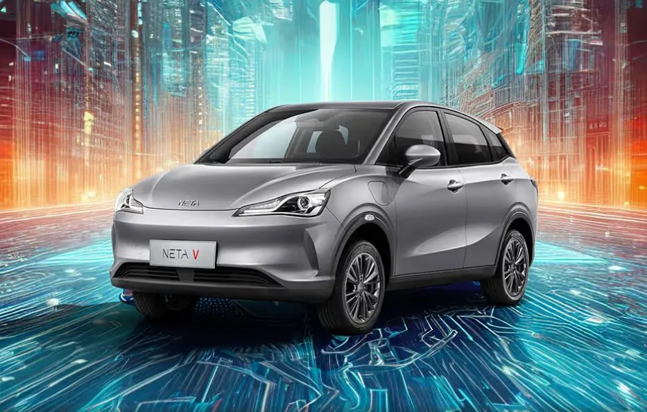 Neta V electric car, left front view.