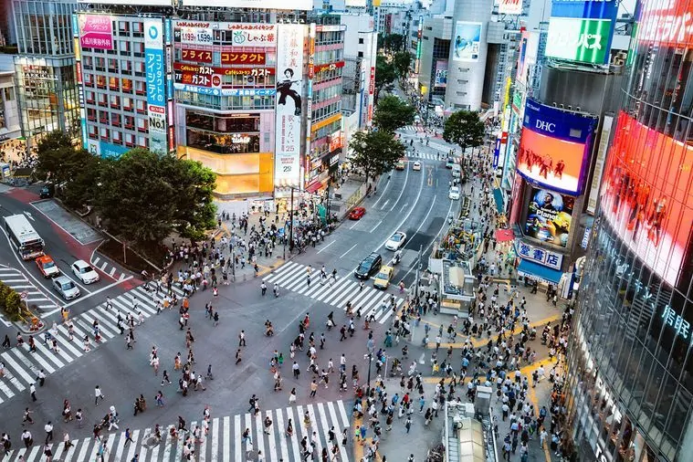 An elevated view of the famous Shibuya crossing in Tokyo